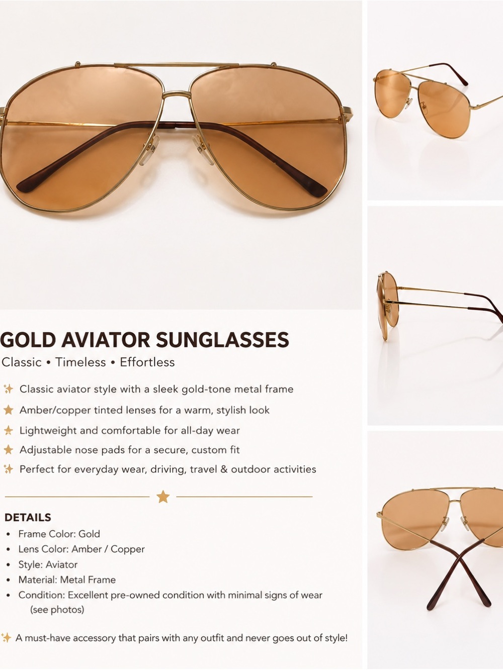 Gold Aviator Sunglasses | Amber Tint | Retro Luxe Style